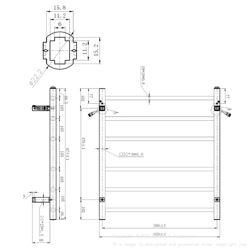 Black Square Electric Heated Towel Rack 6 Bars