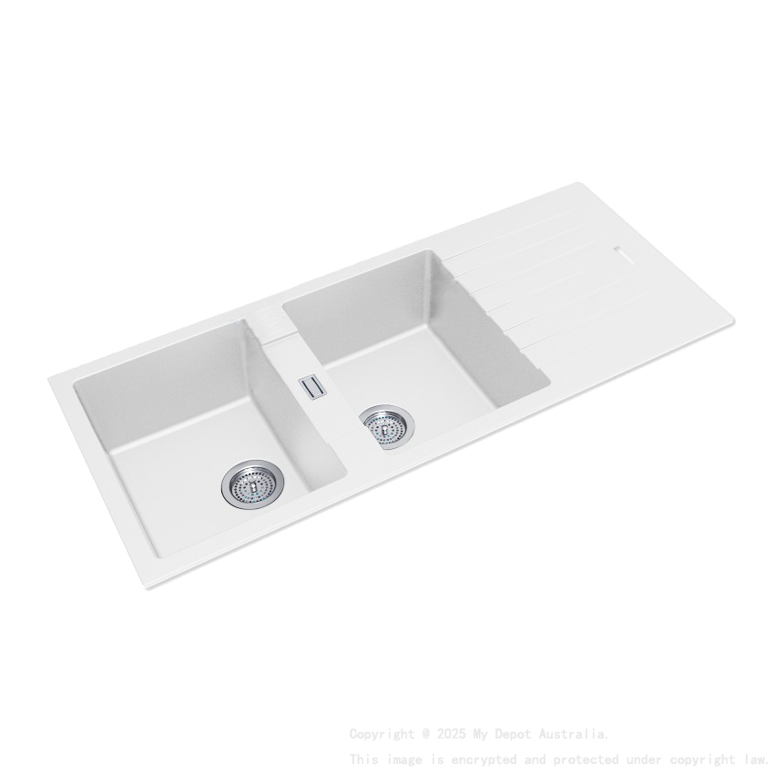 White Granite Quartz Stone Kitchen Sink Double Bowls Drainboard Top/Undermount 1160*500*200mm