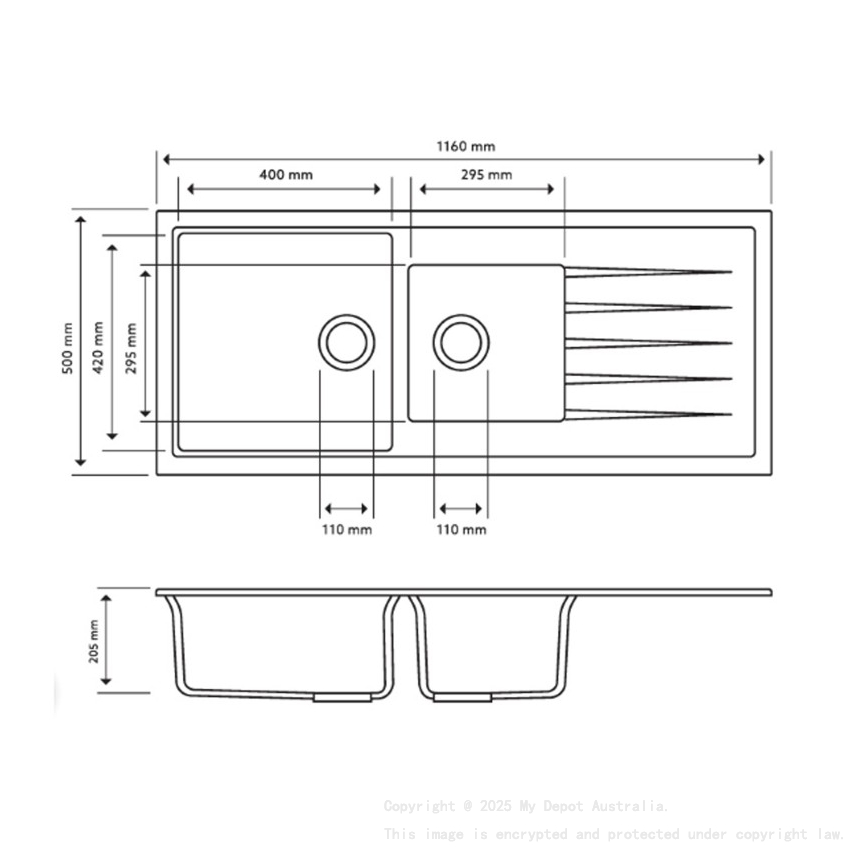 Carysil Vivaldi White 1 and 1/2 Bowl Granite Kitchen Sink 1160*500mm