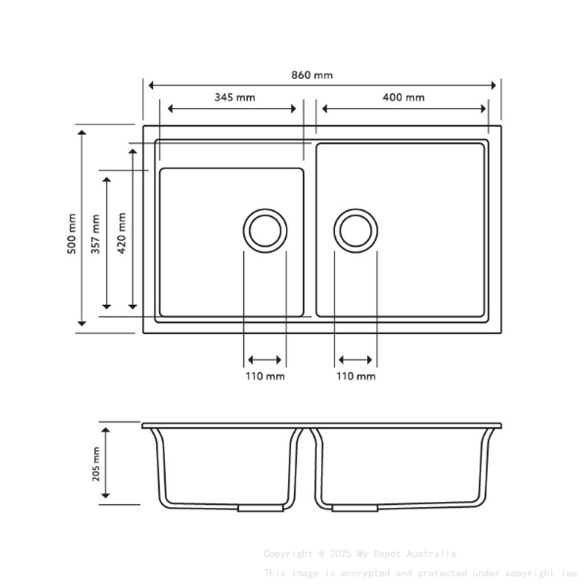 Carysil Vivaldi Black Double Bowl Granite Kitchen Sink 860mm*500mm