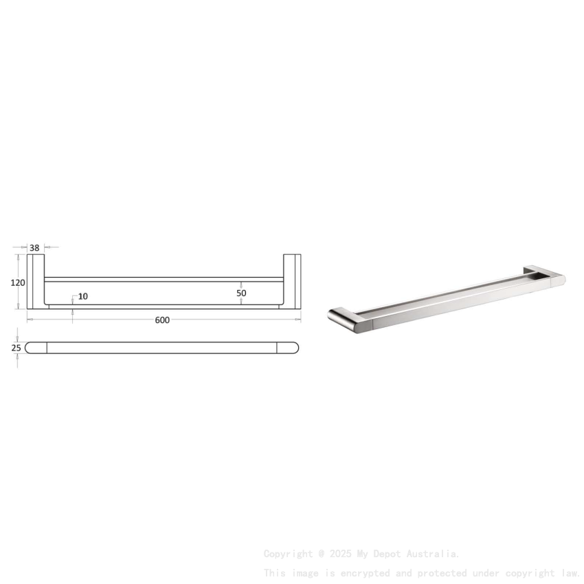 600mm Flores Double Towel Rail Brushed Nickel Brass