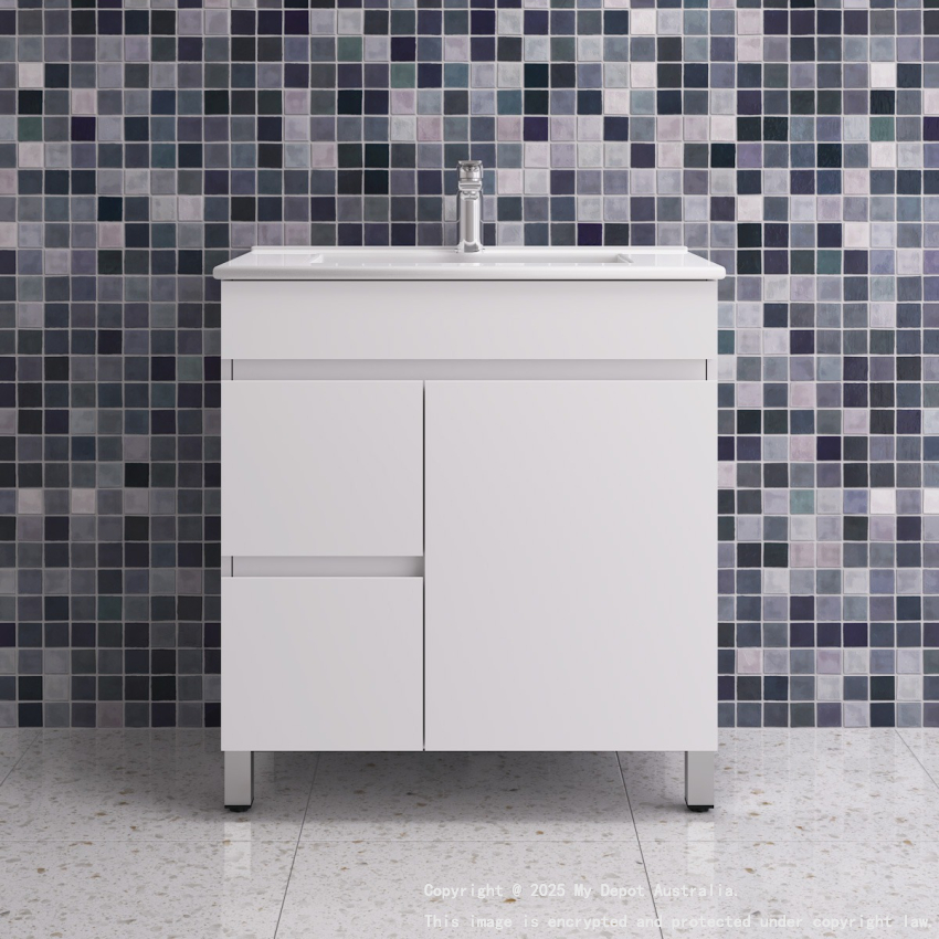 750*350*710mm Freestangding Gloss White Slim PVC Vanity Cabinet Only Left Drawer