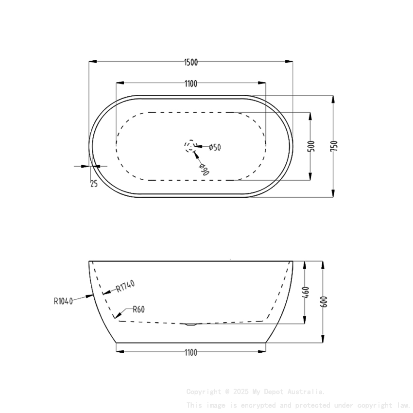 1500mm Oval Gloss White Acrylic Free Standing Bathtub No Overflow