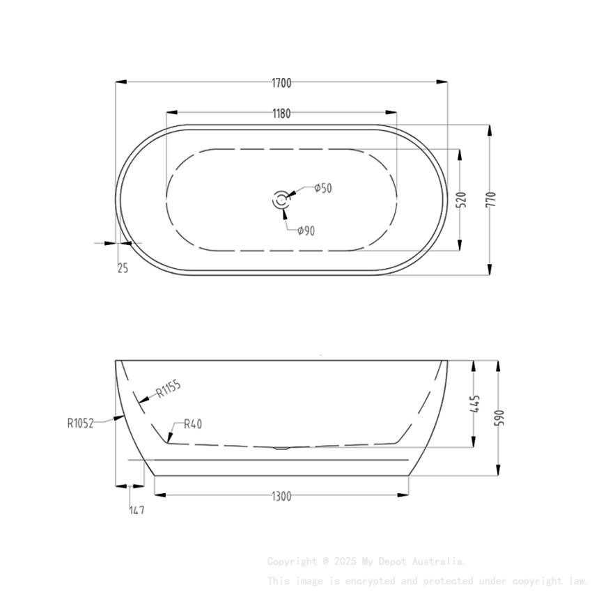 1700mm Oval Gloss White Acrylic Free Standing Bathtub No Overflow