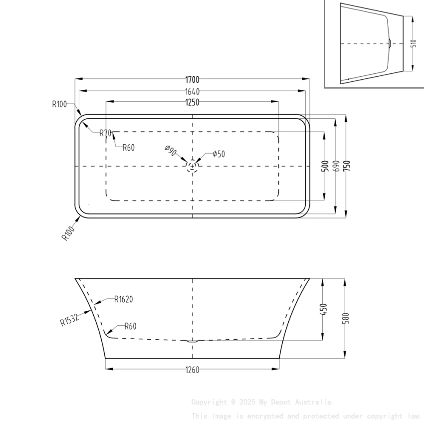 1700mm Rectangle Gloss White Acrylic Free Standing Bathtub No Overflow