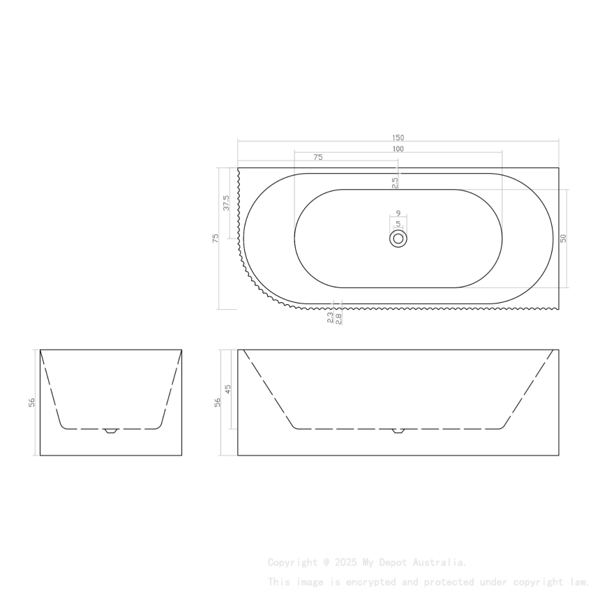 1500mm Kiama Grooved Gloss White Right Corner Fit Fluted Bathtub 