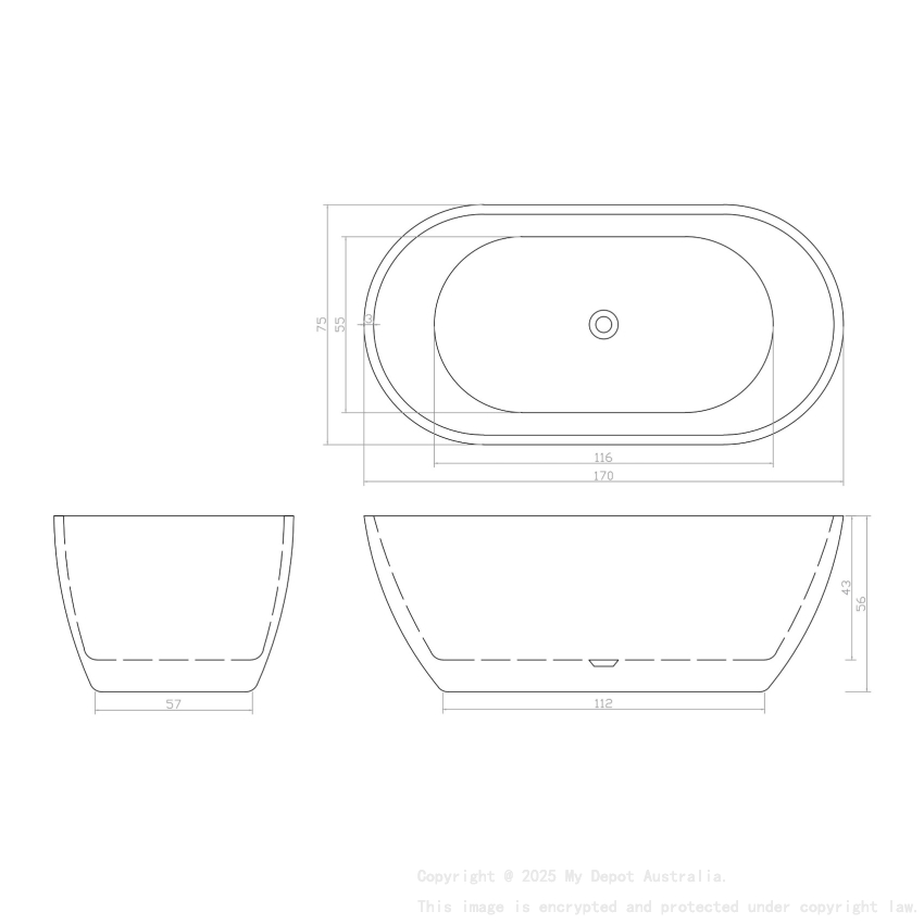 1700mm Freestanding Bathtub Gloss White Acrylic Oval Bathtub
