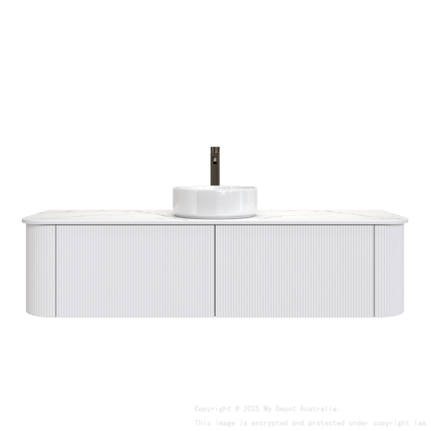 Kiama 1500mm Matte White 2 Drawers Curved Wall Hung Fluted Bathroom Vanity