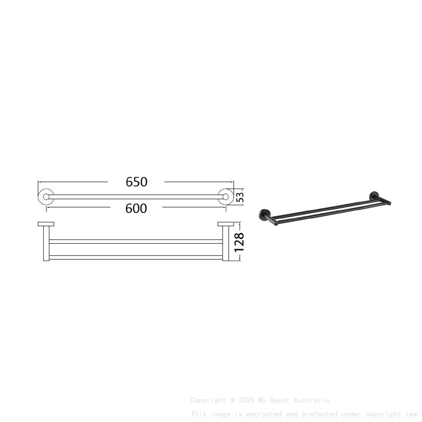 Otus Round Double Towel Rail 600mm Matt Black