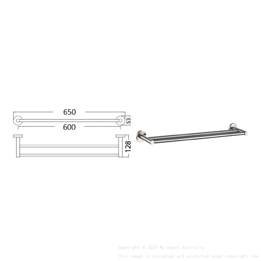 Otus Round Double Towel Rail 600mm Brushed Nickel