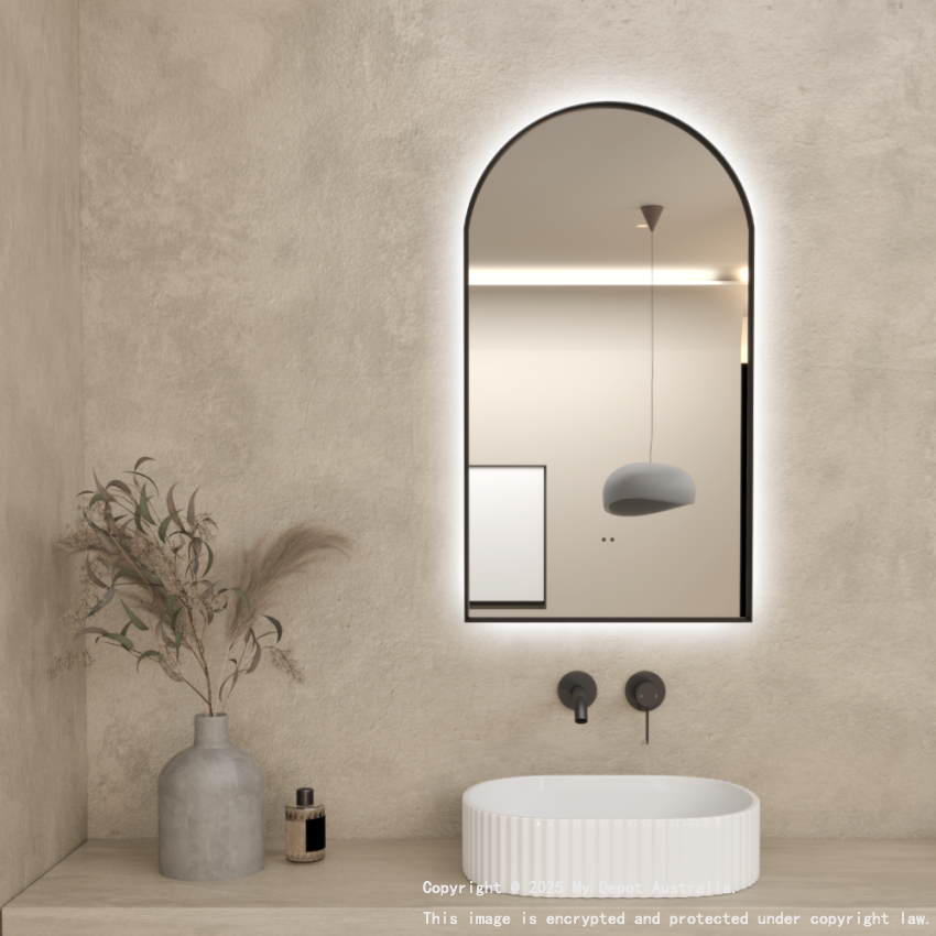 500x900mm Matte Black Framed Arch 3 Color Backlit LED Mirror(Touchless Sensor Switch)