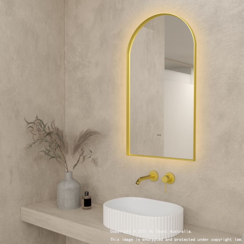 500x900mm Brushed Gold Framed Arch 3 Color Backlit LED Mirror(Touchless Sensor Switch)