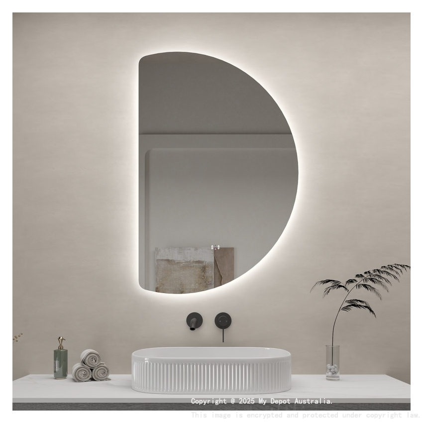 665x1000mm Half-Moon 3 Color Backlit LED Mirror With Touchless Sensor Switch, Flat Left Side