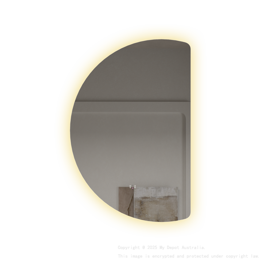 665x1000mm Half-Moon 3 Color Backlit LED Mirror with Touchless Sensor Switch, Flat Right Side