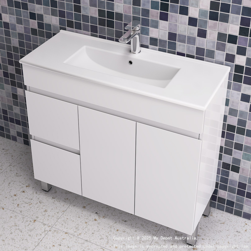 900MM Narrow Gloss White MDF Bathroom Vanity Left Drawers Free standing Cabinet Only