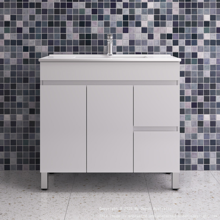 900MM Gloss White MDF Bathroom Vanity Right Drawers Free standing Cabinet Only