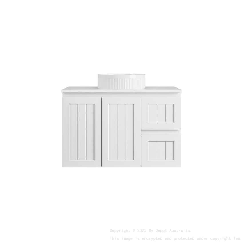 890*455*560mm Matte White Archill Federation Wall Hung Ensuite PVC Cabinet Right Hand Drawer