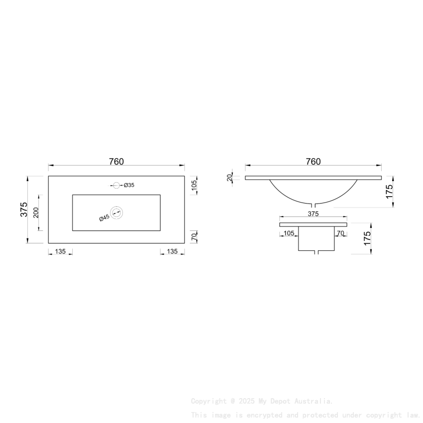 750mm Narrow Gloss White Ceramic Vanity Top