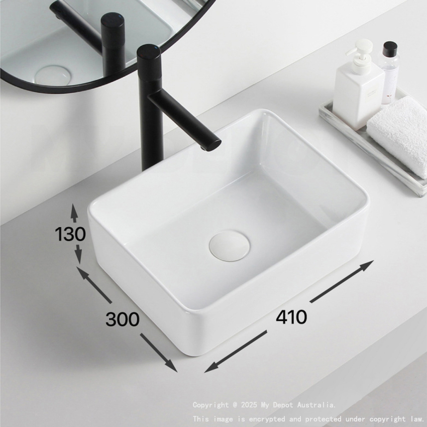 410mm Rectangle Gloss White Ceramic Above Counter Basin Non-overflow