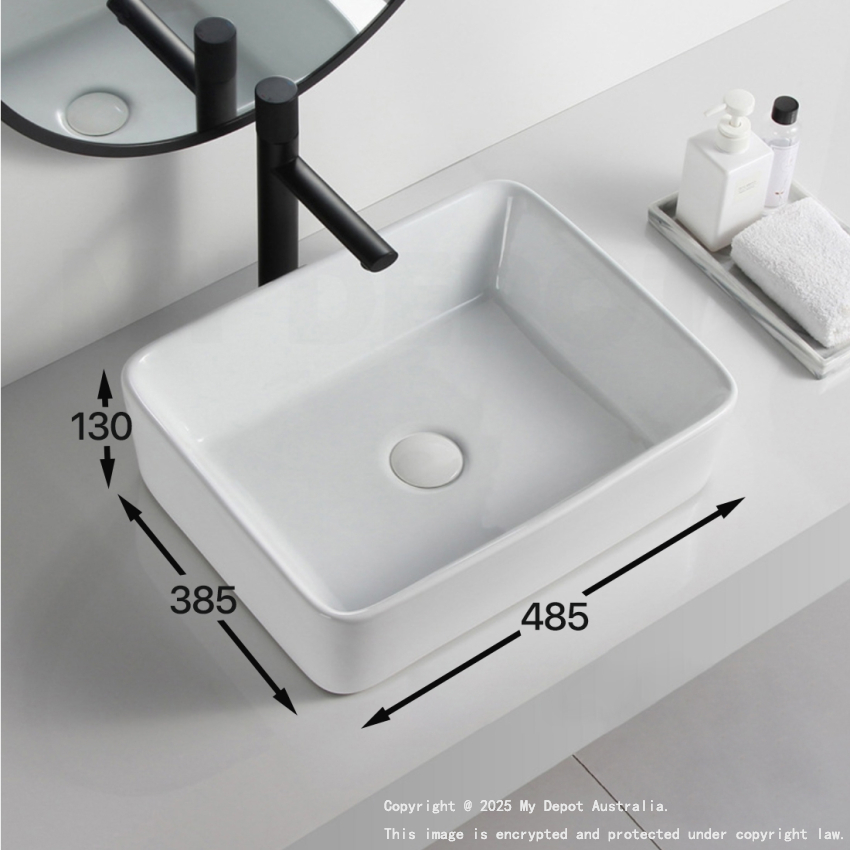 485mm Rectangle Gloss White Ceramic Above Counter Basin Non-overflow