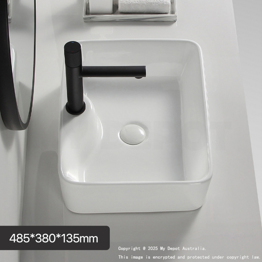 485mm Rectangle Gloss White Ceramic Above Counter Basin With Tap Hole Non-overflow 