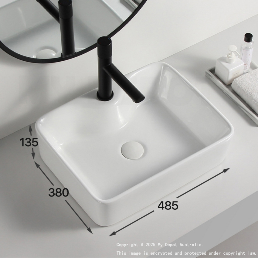 485mm Rectangle Gloss White Ceramic Above Counter Basin With Tap Hole Non-overflow 
