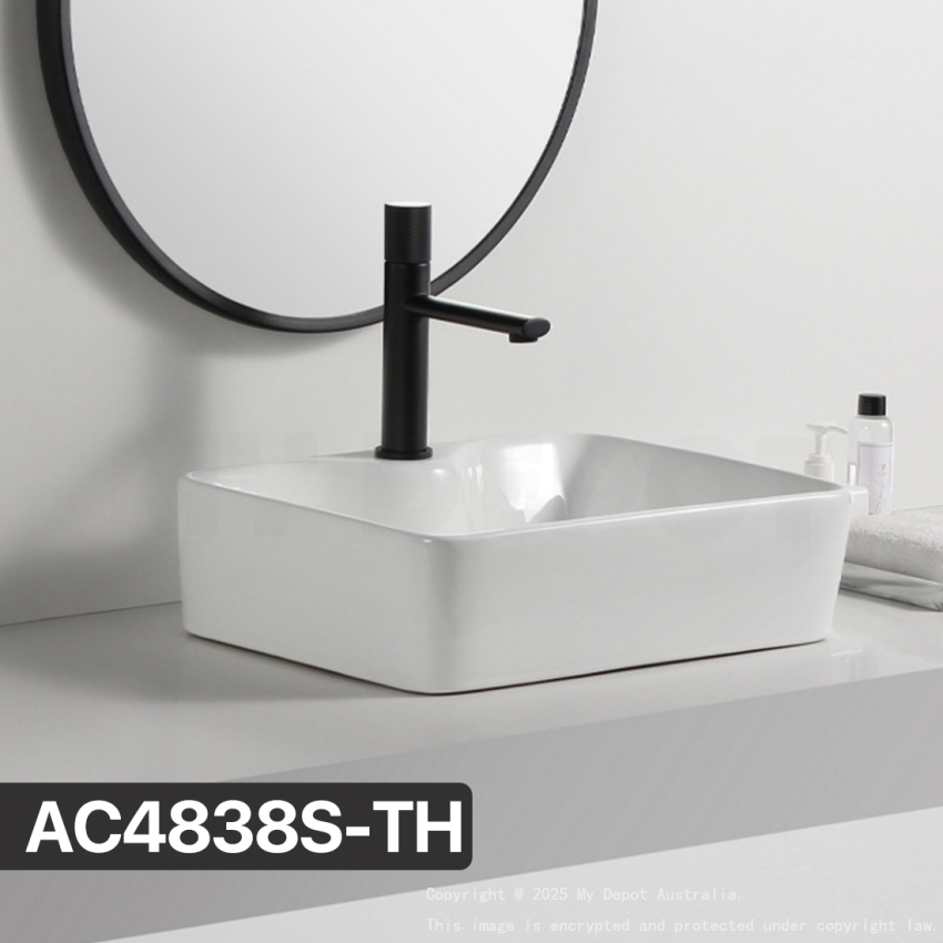 485mm Rectangle Gloss White Ceramic Above Counter Basin With Tap Hole Non-overflow 