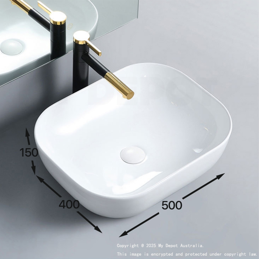 500mm Rectangle Gloss White Ceramic Above Counter Basin Non-overflow