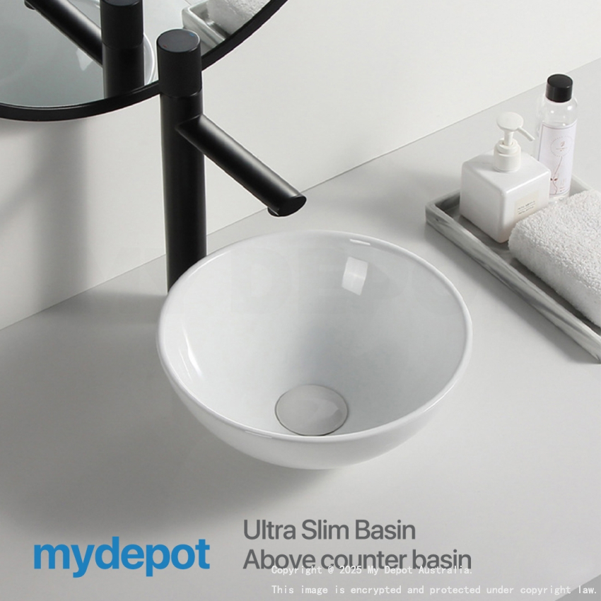 280mm Round Ultra Slim Basin Gloss White Above Counter Ceramic Basin