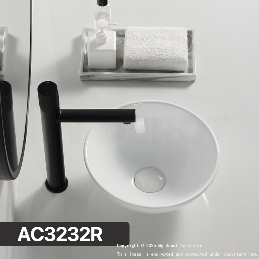 320mm Round Above Counter Basin Ultra Slim Gloss White Ceramic Basin