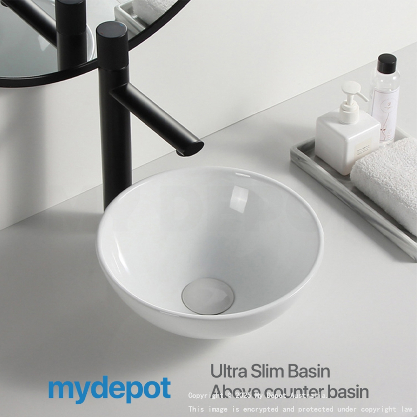 320mm Round Above Counter Basin Ultra Slim Gloss White Ceramic Basin