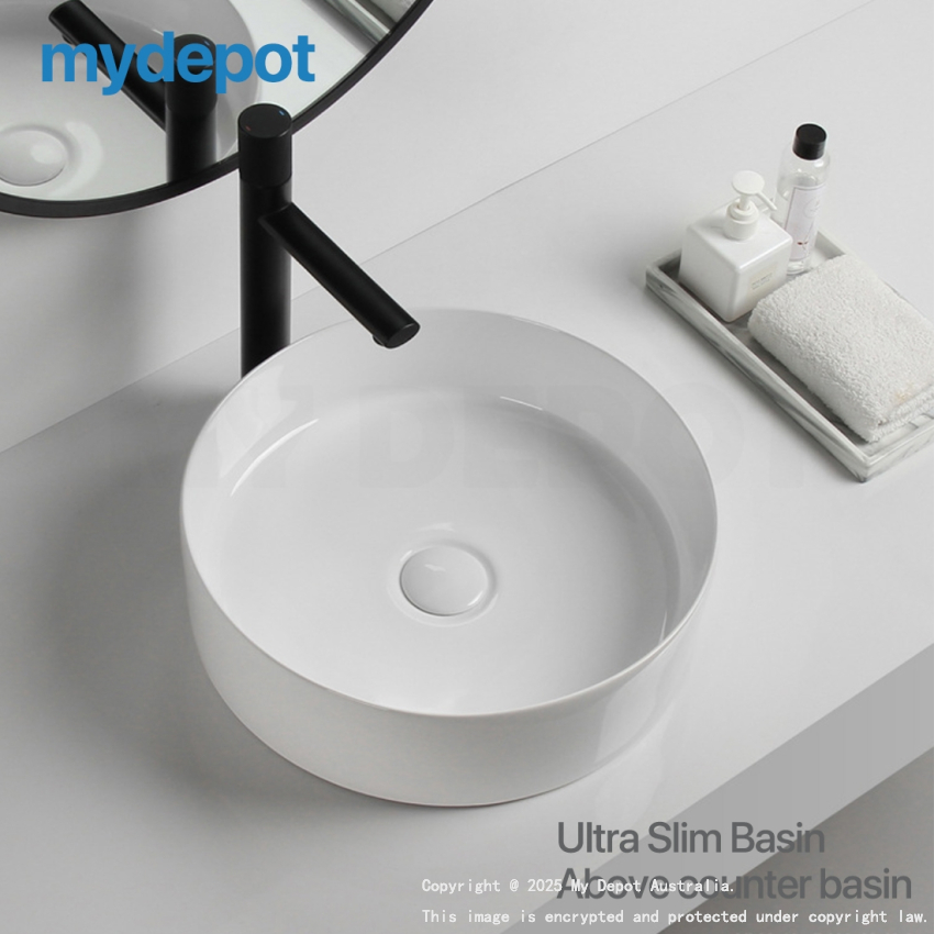 350mm Round Gloss White Ceramic Above Counter Basin Non-overflow