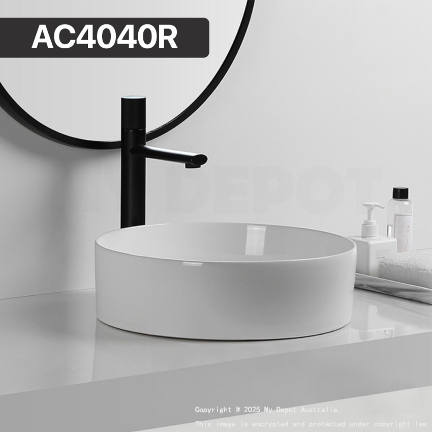 400mm Round Gloss White Ceramic Above Counter Basin Non-overflow