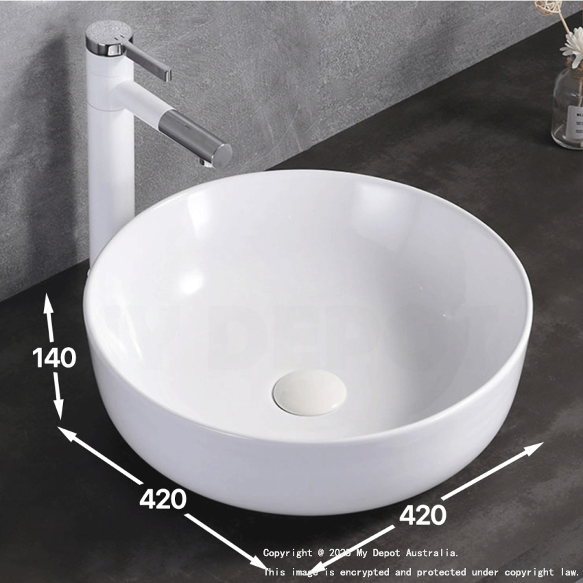 420mm Round Gloss White Ceramic Above Counter Basin Non-overflow