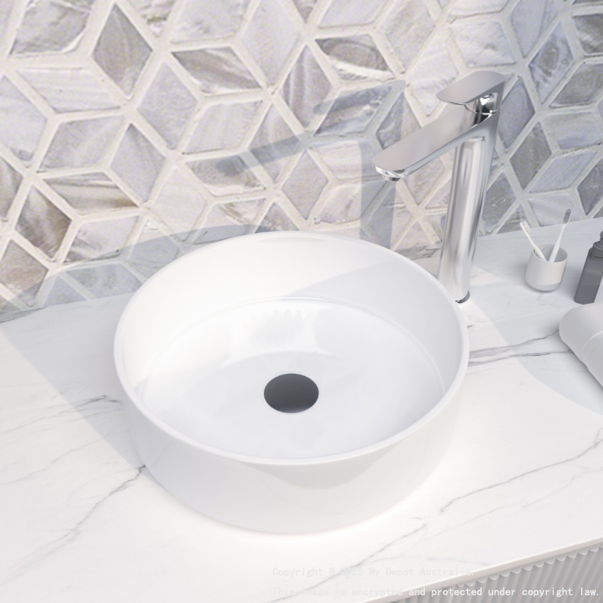 360mm Round Gloss White Ceramic Above Counter Basin Non-overflow