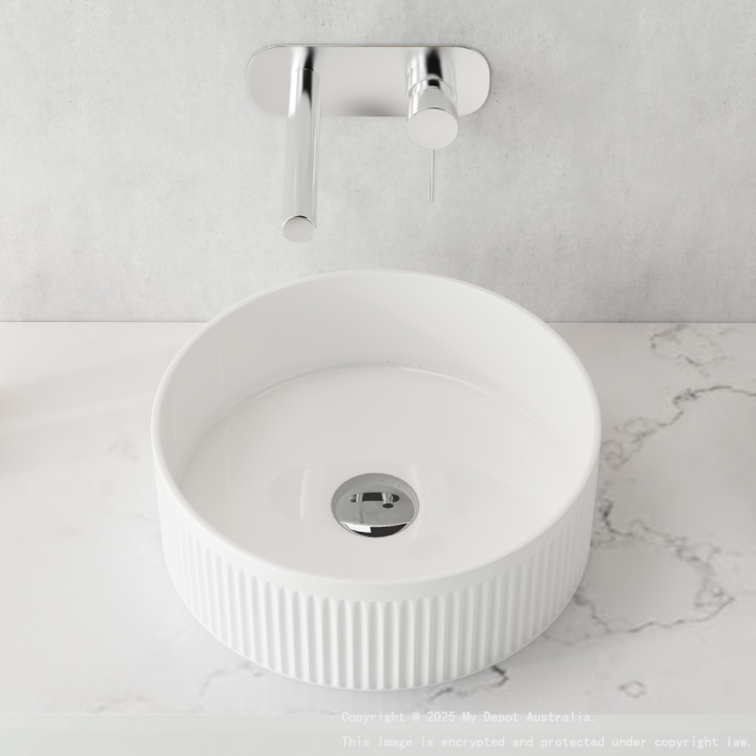 370mm Round Fluted Gloss White Ceramic Basin Ribbed Art Basin Above Counter Basin