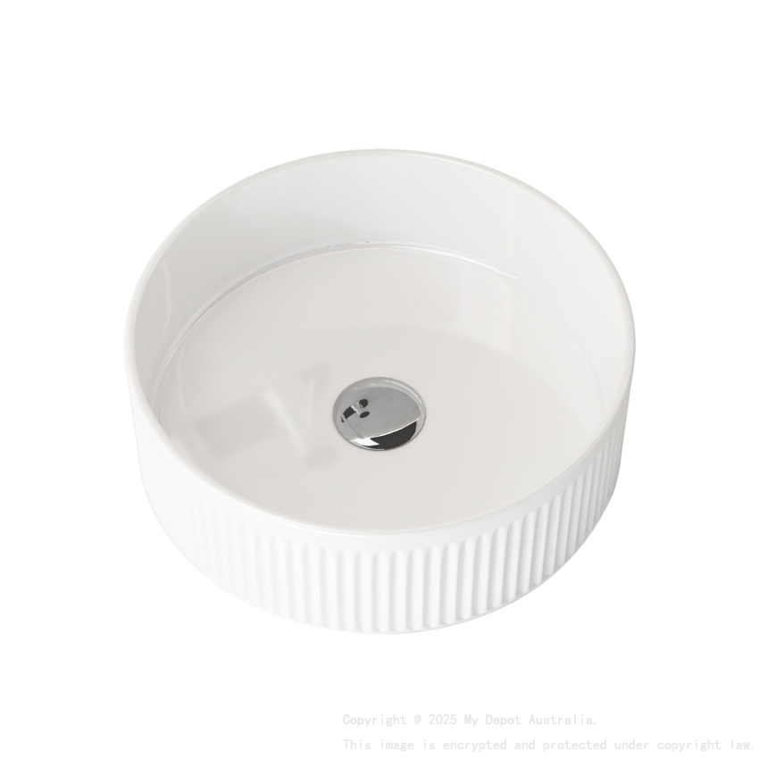 400mm Round Fluted Goss White Ceramic Basin Ribbed Art Basin Above Counter Basin
