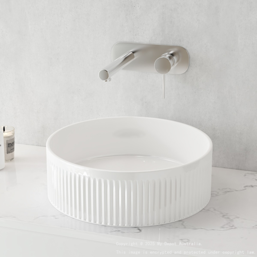 400mm Round Fluted Goss White Ceramic Basin Ribbed Art Basin Above Counter Basin
