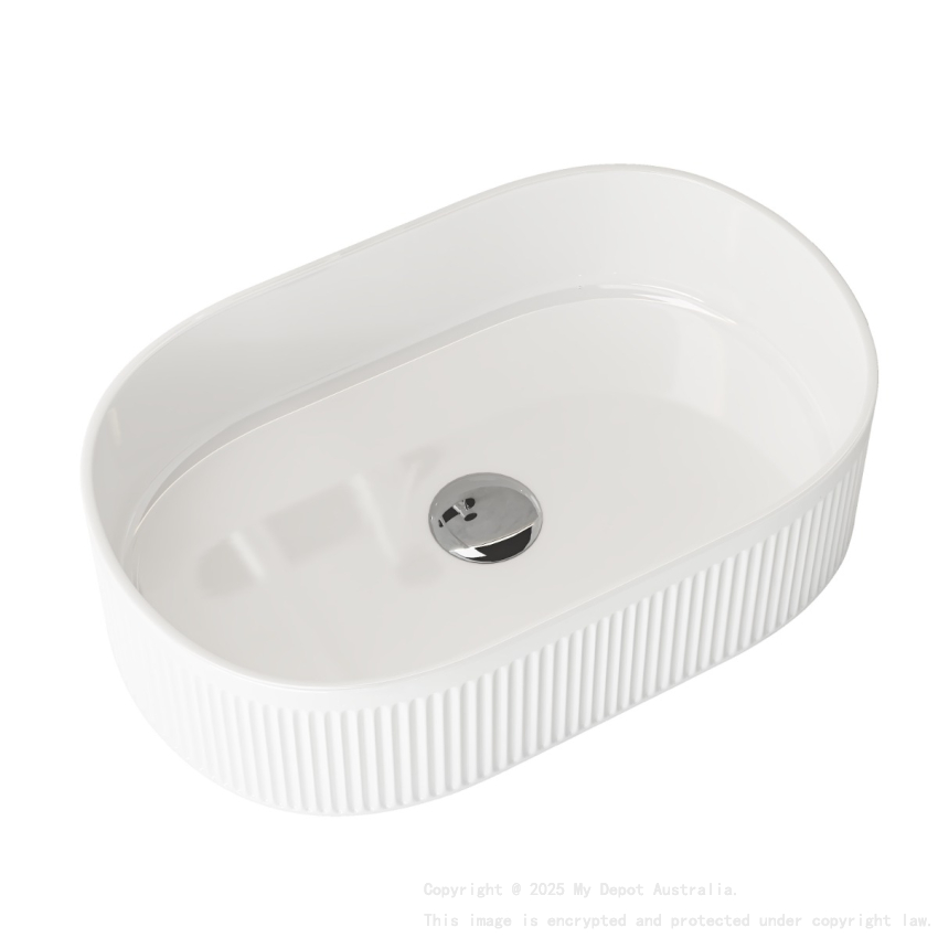 490mm Pill Fluted Gloss White Ceramic Basin Ribbed Art Basin Above Counter Basin