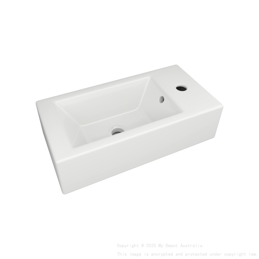 510L*255D*150Hmm Gloss White Ceramic Top Right Tap Hole