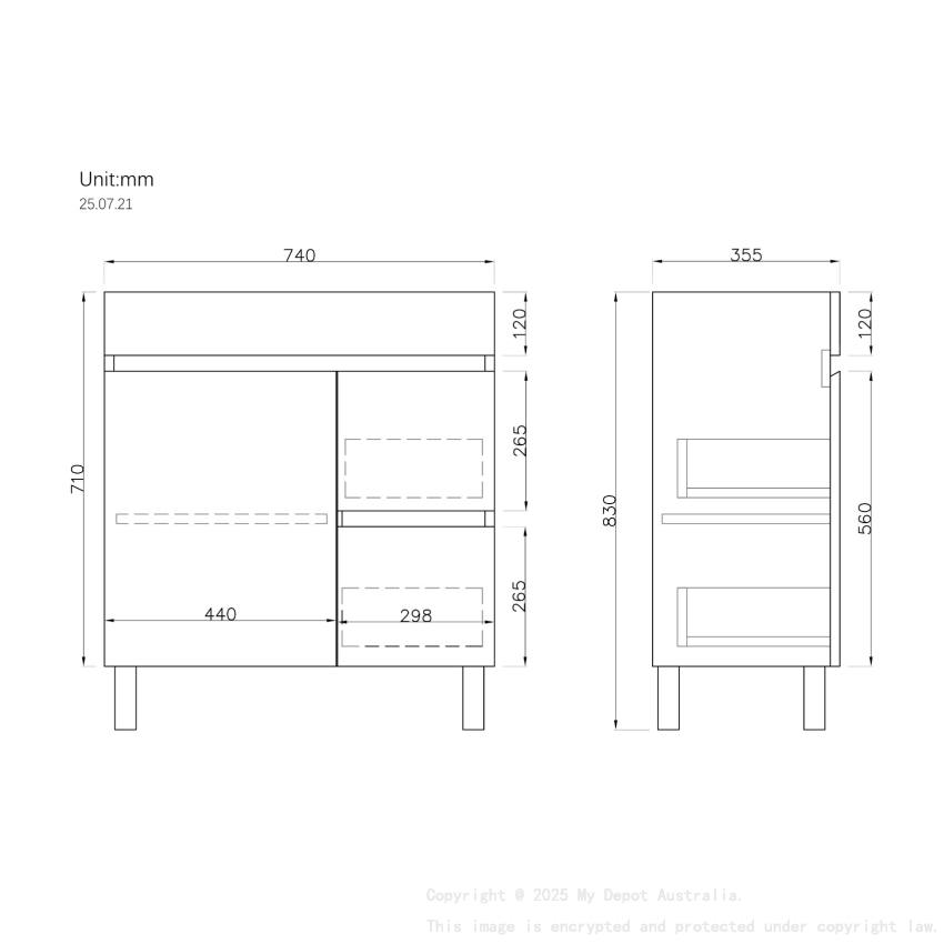 750MM Narrow Gloss White MDF Bathroom Vanity Right Drawers Free standing Cabinet Only