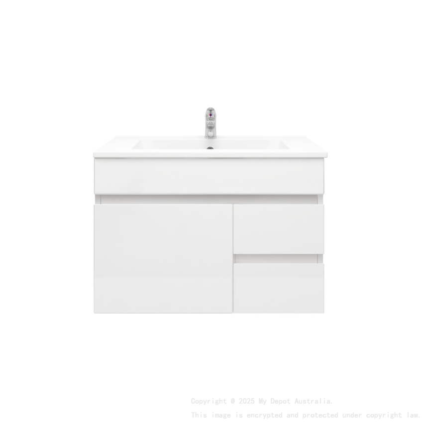 750MM Gloss White MDF Bathroom Vanity Right Drawers Wall Hung Cabinet Only 
