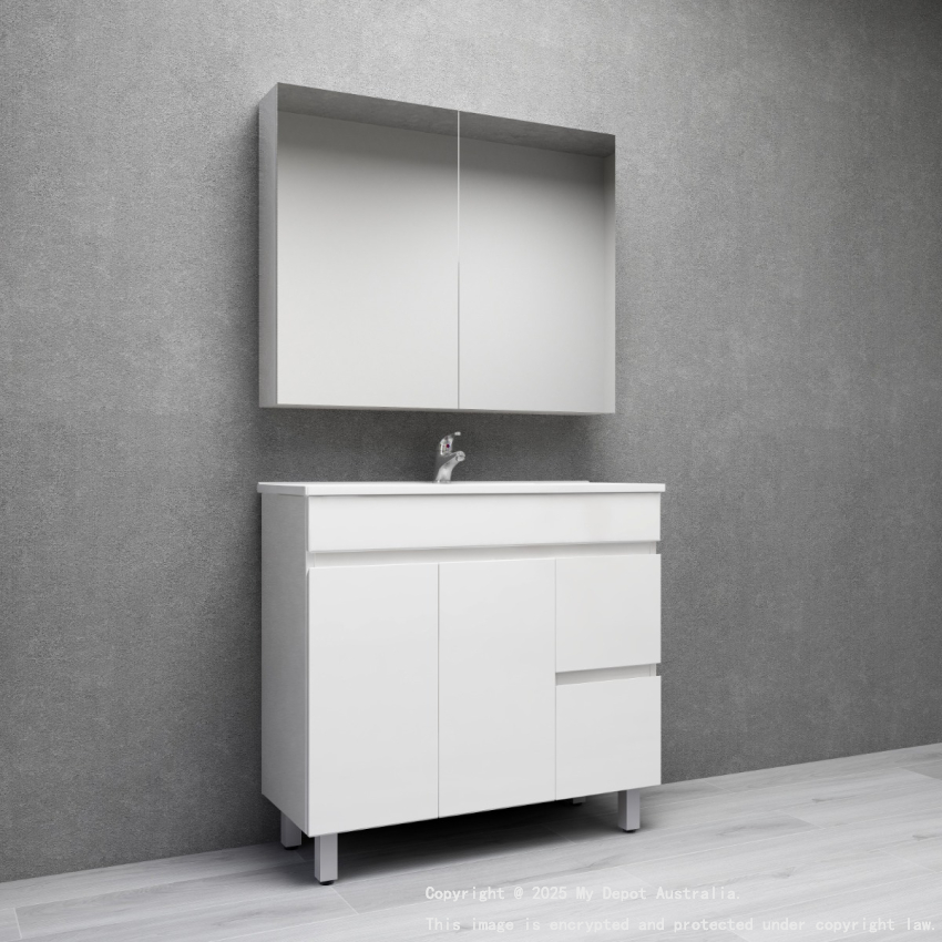 900MM Narrow Gloss White MDF Bathroom Vanity Right Drawers Free standing Cabinet Only