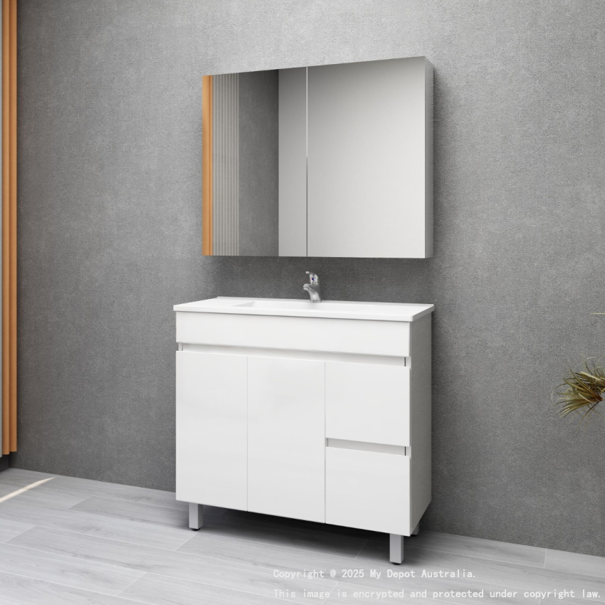 900MM Narrow Gloss White MDF Bathroom Vanity Right Drawers Free standing Cabinet Only