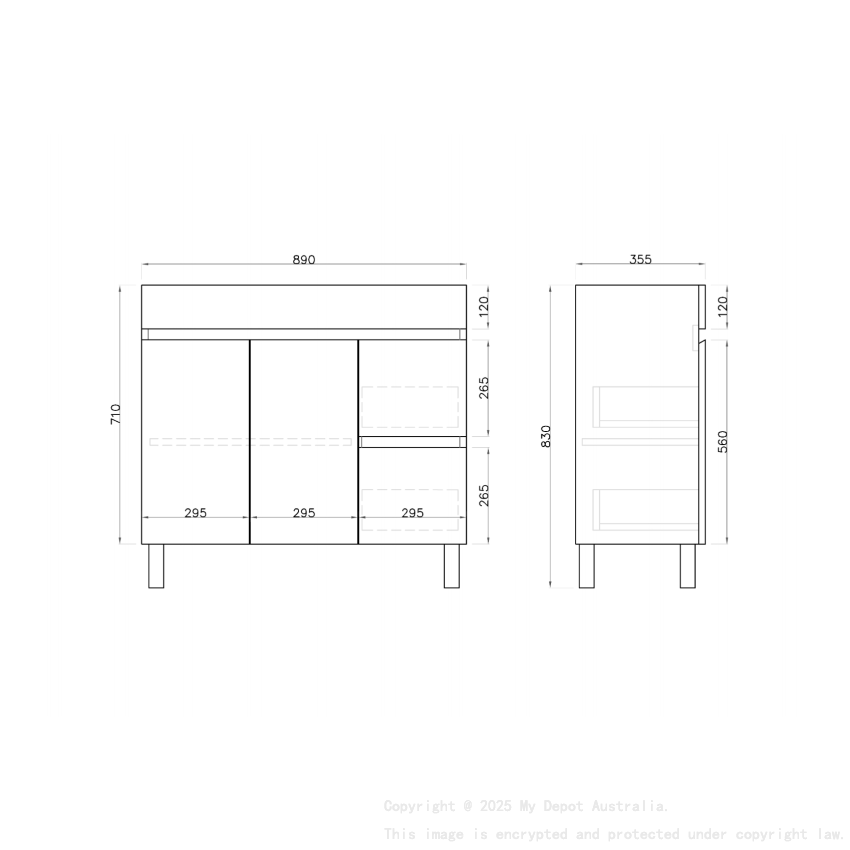 900MM Narrow Gloss White MDF Bathroom Vanity Right Drawers Free standing Cabinet Only