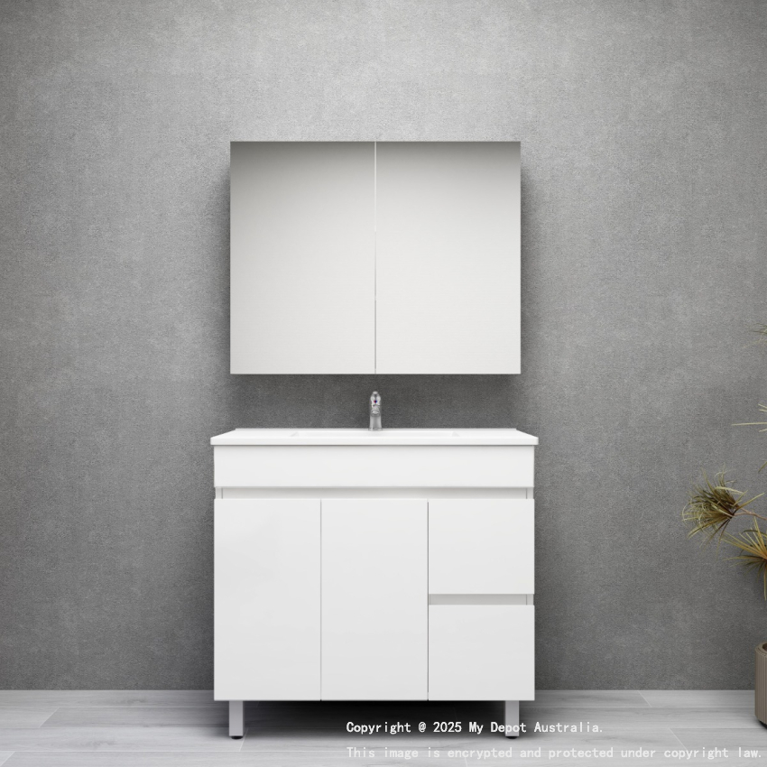 900MM Gloss White MDF Bathroom Vanity Right Drawers Free standing Cabinet Only