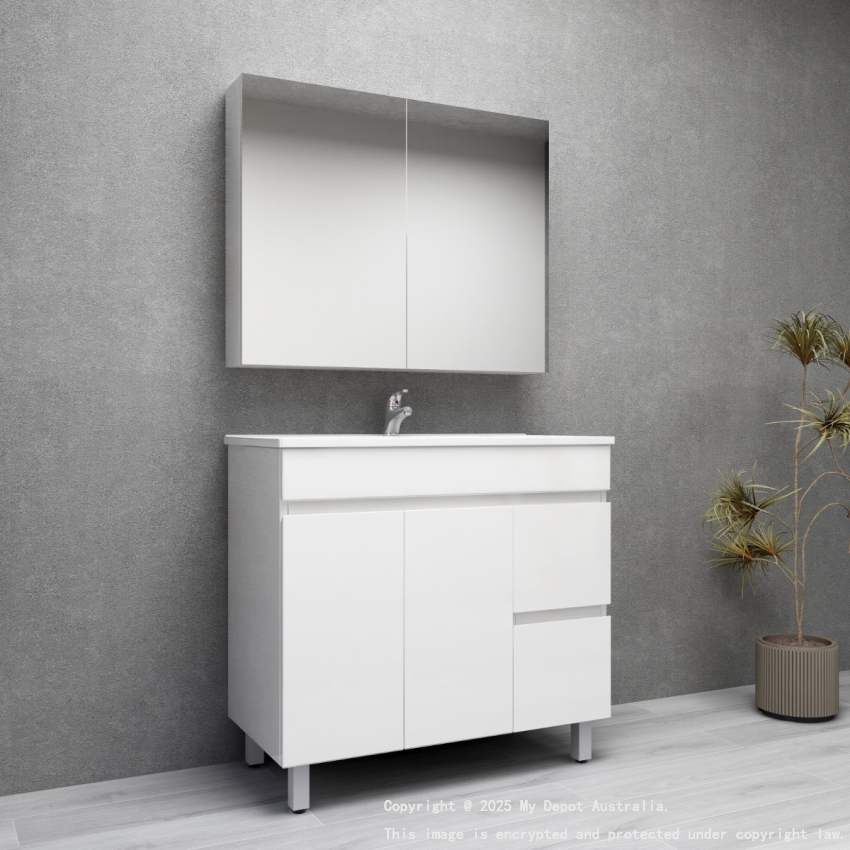 900MM Gloss White MDF Bathroom Vanity Right Drawers Free standing Cabinet Only