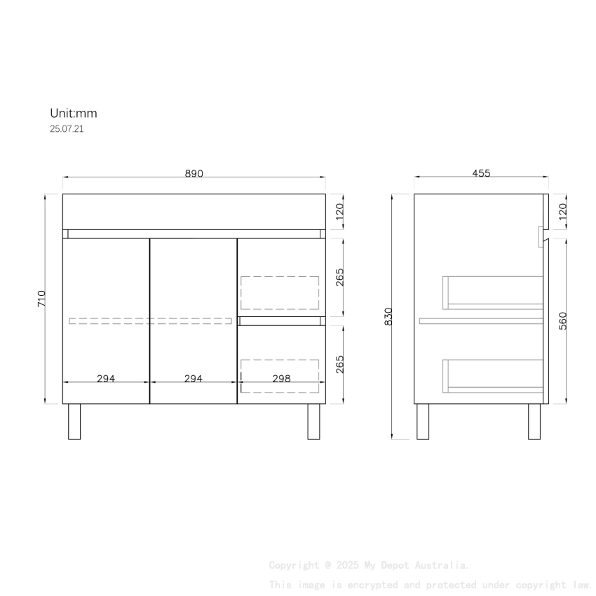 900MM Gloss White MDF Bathroom Vanity Right Drawers Free standing Cabinet Only