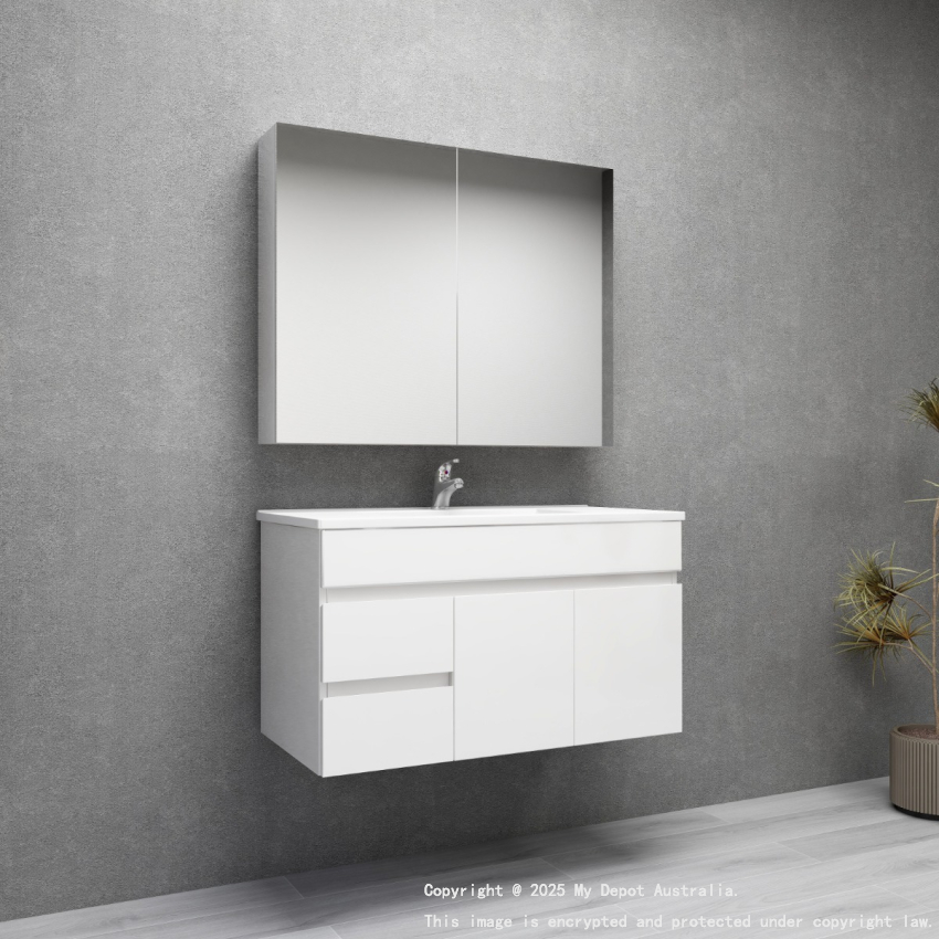 900MM Gloss White MDF Bathroom Vanity Left Drawers Wall Hung Cabinet Only
