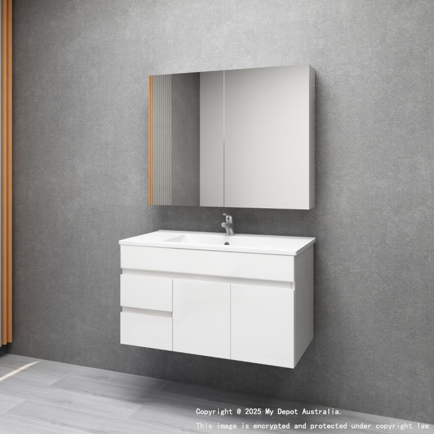 900MM Gloss White MDF Bathroom Vanity Left Drawers Wall Hung Cabinet Only